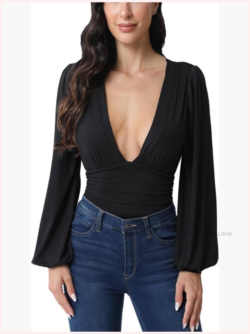 Long Sleeve Deep V Neck Bodysuit Ruched Fitted Leotard Top